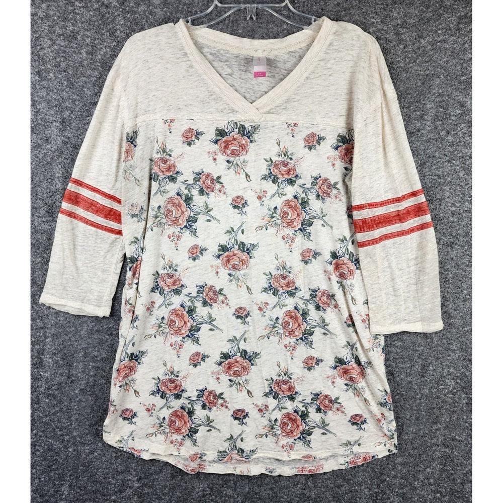 No Boundaries Top Womens L NZ38704GD Oatmeal Floral Varsity Stripe EUC